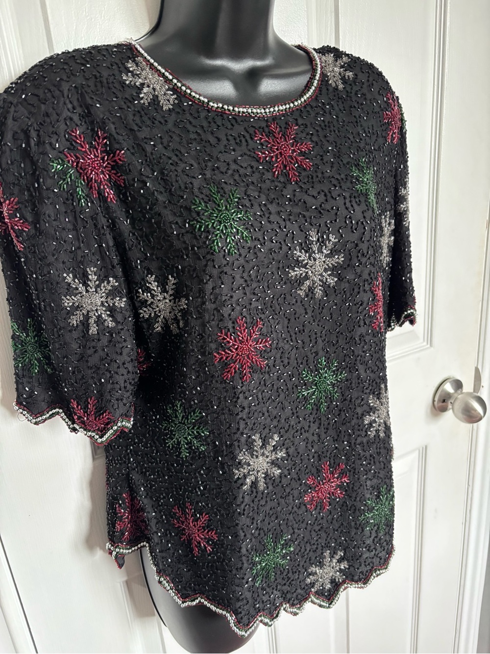 Vintage Laurence Kazar Silk Beaded Snowflake Holiday Top Blouse XL
